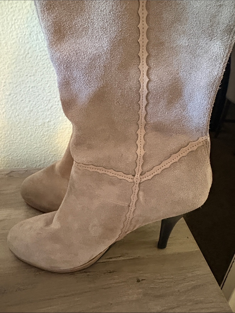 Reba Women's Suede Mid-Calf Heeled Boots in Taupe 21 inches Long sole 11.5 inche